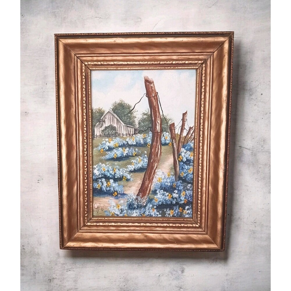 Vtg Small Oil Painting Signed Jo 1981 Farmhouse Cottage Wall Art Handmade Framed